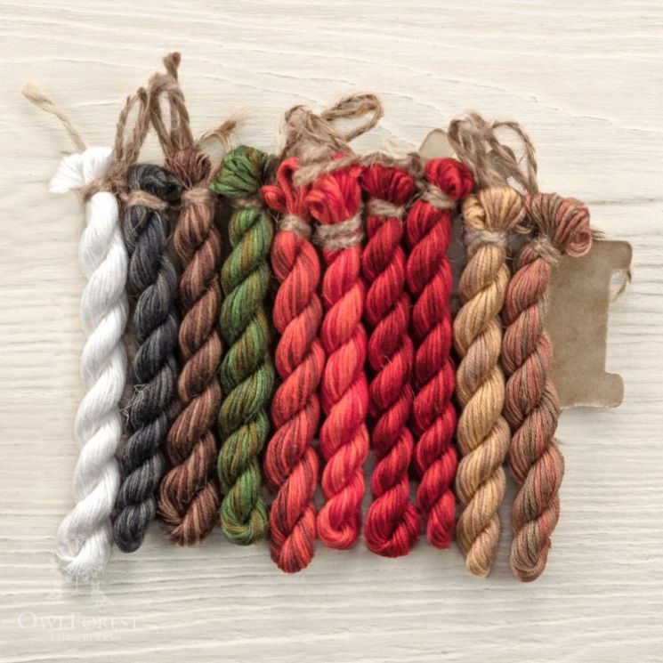 Набор ниток OwlForest для схемы «Красные кардиналы» (ПНК) 32, 36 каунт в 2 нити, 40 каунт в 1 нить